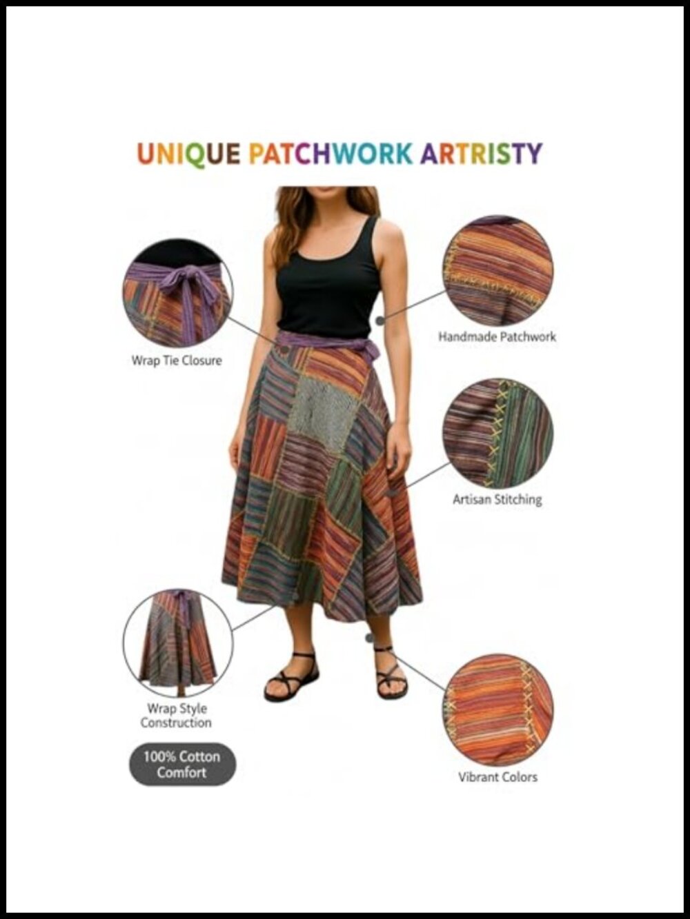 100% Cotton Boho Patchwork Wrap Skirt Festival Hippie - Picture 5 of 6